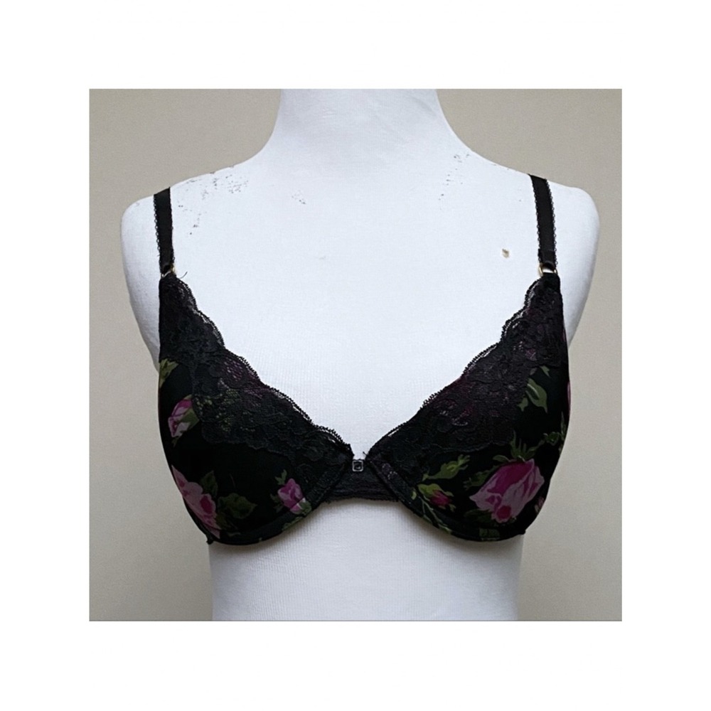 Badgley Mischka Floral Lace Underwire Bra Black Pink Rose Print 32C
